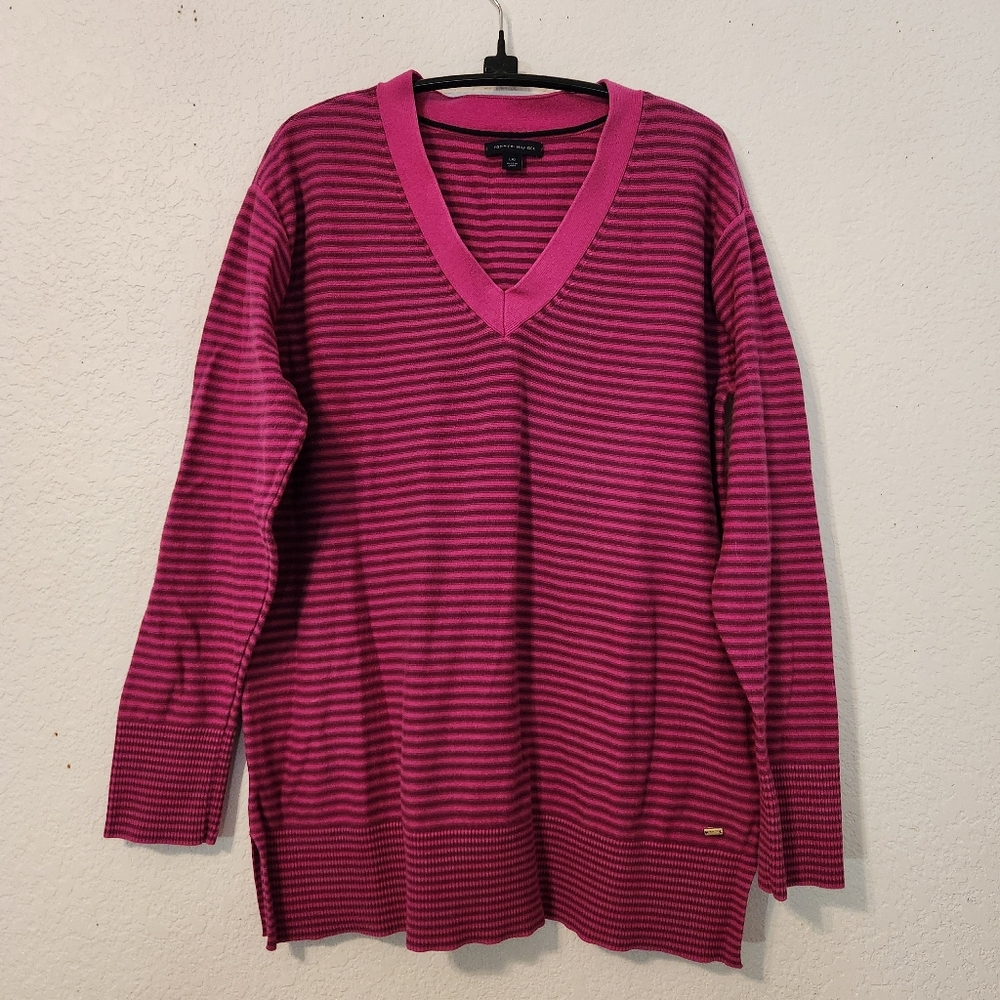Tommy Hilfiger Pink and Purple Striped‎ V-Neck Sweater, Size L